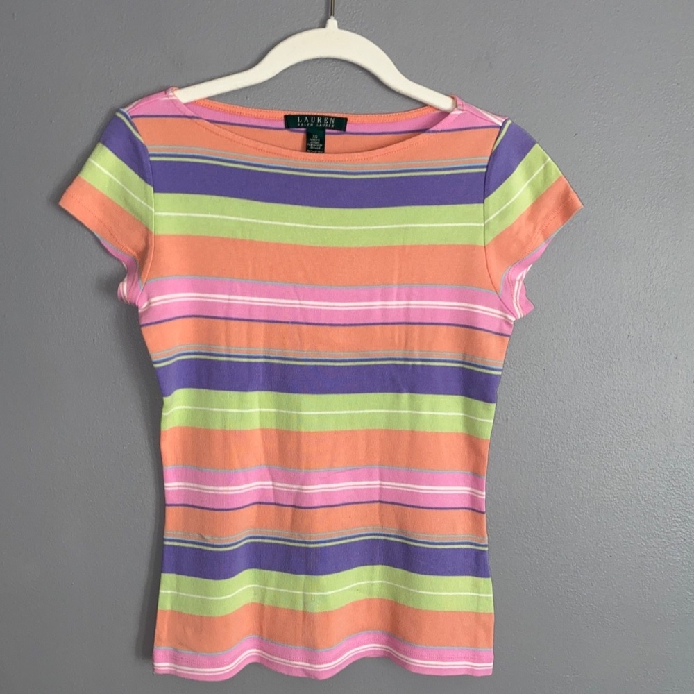 LAUREN Ralph Lauren XS Green Orange Purple Stripe Cap Sleeve Top